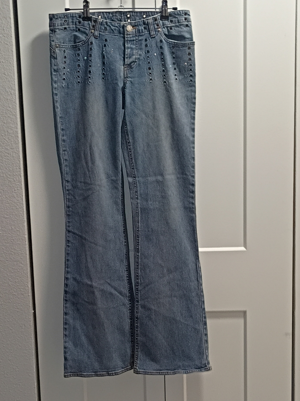 bebe Light Blue Studded Flare Jeans